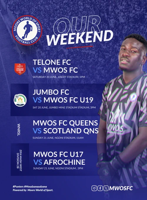 Promotional image for Moors World of Sport FC's upcoming weekend matches. Includes team matchups, dates, and times.