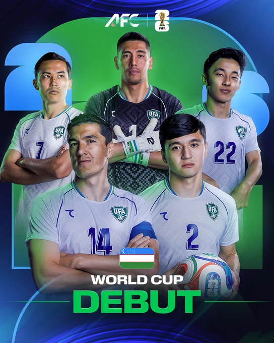 Graphic celebrating Uzbekistan's debut in the World Cup, featuring five football players in UFA jerseys. The mood is triumphant and proud.