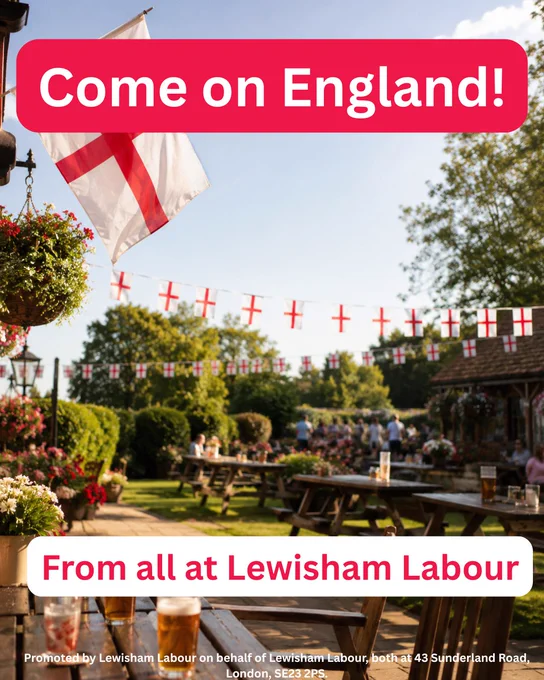 Graphic showing England flags decorating a sunny pub garden, with the text “Come on England!” and “From all at Lewisham Labour”.