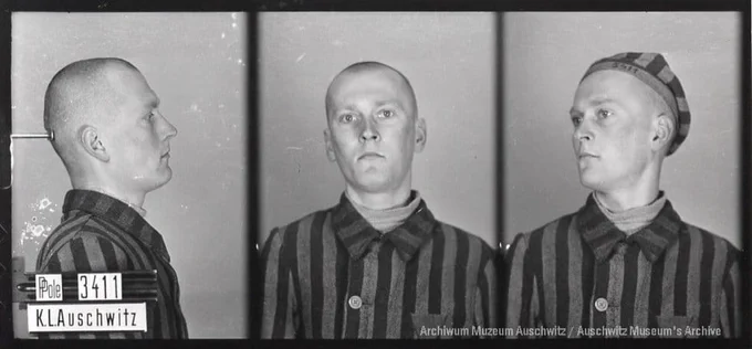 A mugshot registration photograph from Auschwitz. A man with a shaved head wearing a striped uniform photographed in three positions (profile and front with bare head and a photo with a slightly turned head with a hat on). The prisoner number is visible on a marking board on the left.