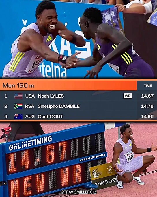 🇺🇸Noah Lyles celebrating with 🇦🇺Gout Gout after breaking the 150m world record 🤝