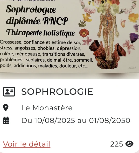 capture d'ecran de l'offre sophrologue diplomée RNCP therapeute holistique 
