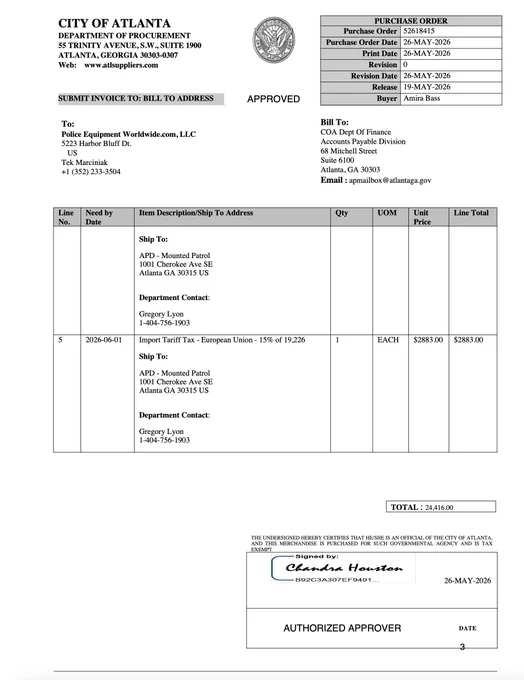 Purchase order P3 52618415 showing European tariff of $2883