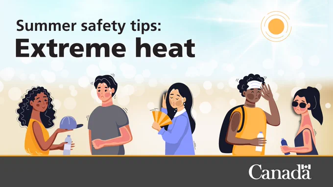 A person giving another person suffering from the heat a hat and a bottle of water. Text: Summer safety tips: Extreme heat.