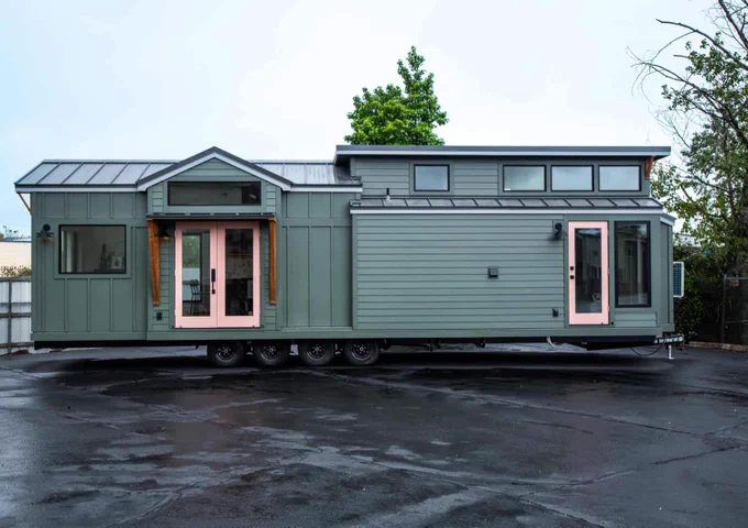 Cascade Max tiny home exterior with pewter green siding