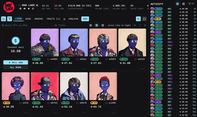 Grid of colorful NFT characters with varying traits and prices, showing details on bids, sales, and volume activity.