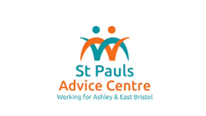 Logo of St Pauls Advice Centre featuring two stylized figures in orange and teal with text highlighting support for Ashley and East Bristol.