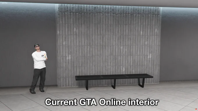 The current GTA Online mansion interior basement, where there is a segment of wall and a bench.
