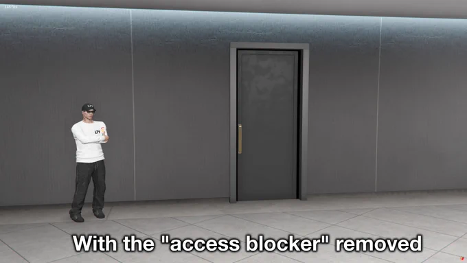 That same area of the mansion interior basement, with the access blocker wall/bench removed, revealing a door.