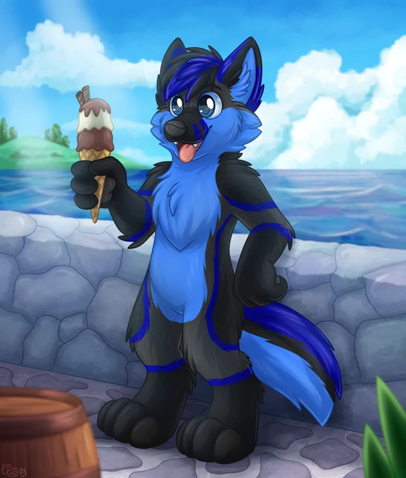 A wolf/german-shepherd-dog fursona is standing by a stone wall next to a blue sea, smiling with their tongue out, holding an ice cream cone with chocolate and vanilla scoops.