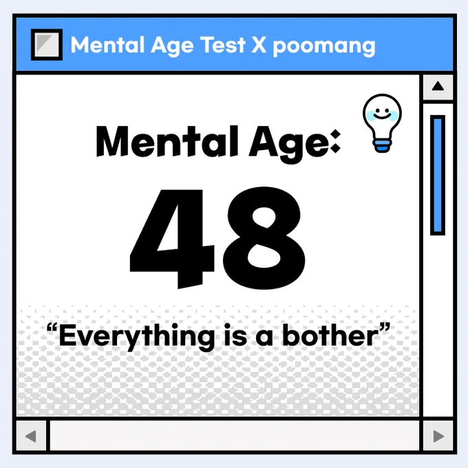 Quiz result which says "Mental age: 48. Everything is a bother."