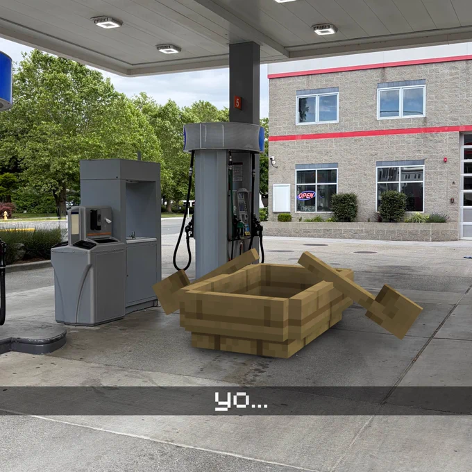 image of a Minecraft boat parked up at a real life gas station. Text on the screen reads "yo..."