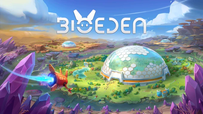 A futuristic view of a colony on a planet featuring geodesic domes and a red spaceship approaching with the title text "bioeden"