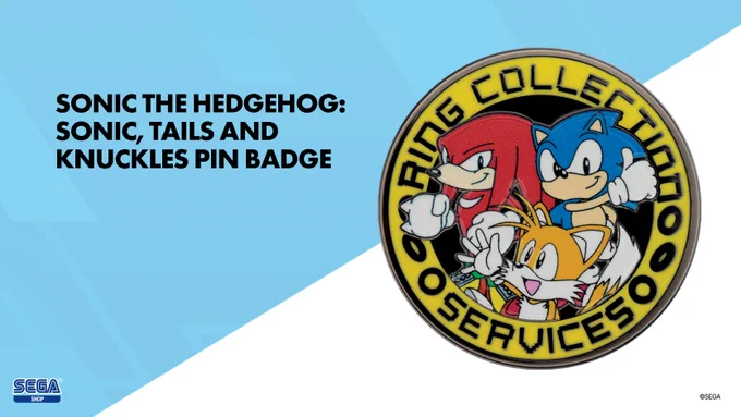 Sonic the Hedgehog: Sonic, Tails and Knuckles Pin Badge by Fanattik features the hedgehog, fox, and echidna trio inside a yellow ring with the words, “Ring Collection Services”.