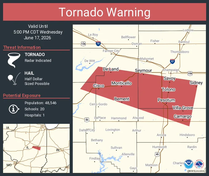 This graphic displays a tornado warning plotted on a map. The warning is in effect until 5:00 PM CDT. The warning includes Savoy IL, Monticello IL and Tolono IL.  This warning is for Central Piatt County in central Illinois, Southeastern De Witt County in central Illinois, Southwestern Champaign County in east central Illinois, North central Douglas County in east central Illinois and Northeastern Macon County in central Illinois. The threats associated with this warning are a radar indicated tornado and half dollar sized hail. There are 48,546 people in the warning along with 20 schools and 1 hospital.