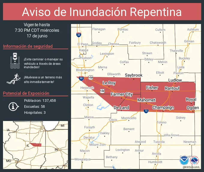 Este gráfico muestra la localización en el mapa de un aviso de inundación repentina. El aviso estará en efecto hasta las 7:30 PM CDT. El aviso incluye a Champaign IL, Urbana IL, Rantoul IL. El aviso incluye el noreste del condado de Witt en el centro de Illinois, el sureste del condado de McLean en el centro de Illinois, el norte del condado de Piatt en el centro de Illinois y el norte del condado de Champaign en el este centro de Illinois. ¡Evite caminar o manejar su vehículo a través de áreas inundadas! ¡Muévase a un terreno más alto inmediatamente! Hay 137,458 personas bajo este aviso incluyendo 58 escuelas y 3 hospitales.