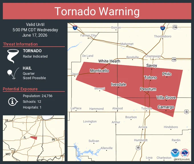This graphic displays a tornado warning plotted on a map. The warning is in effect until 5:00 PM CDT. The warning includes Savoy IL, Monticello IL and Tolono IL.  This warning is for Southeastern De Witt and Northeastern Macon Counties Is Cancelled. The threats associated with this warning are a radar indicated tornado and quarter sized hail. There are 24,756 people in the warning along with 12 schools and 1 hospital.