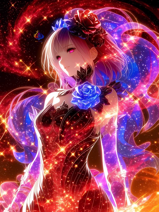 Stella standing within a crimson cosmic vortex filled with sparkling stars. Red and blue roses decorate her hair and dress as radiant galactic energy flows around her, symbolizing passion, hope, and creative spirit.
