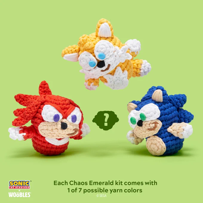 Sonic, Tails, and Knuckles Woobles with mystery Chaos Emerald Wooble. Each Chaos Emerald kit comes with 1 of 7 possible yarn colors.