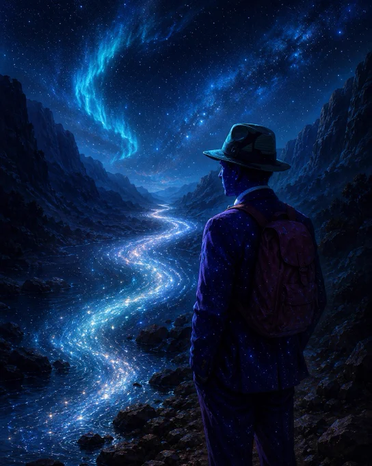 A figure in a starry suit stands by a glowing river under a cosmic sky, gazing into a mystical landscape.