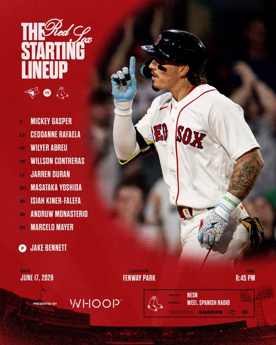TEXT: Red Sox June 17, 2026 lineup versus Toronto Blue Jays at Fenway Park: Gasper C, Rafaela CF, Abreu RF, Contreras 1B, Duran LF, Yoshida DH, Kiner-Falefa 3B, Monasterio 2B, Mayer SS, Bennett P.


Watch live on NESN and listen on WEEI and Spanish Radio. First pitch is set for 6:45 pm.

IMAGE: Jarren Duran points up after hitting a home run at Fenway Park. He is seen jogging around the bases, and is wearing the team’s home white uniforms.
