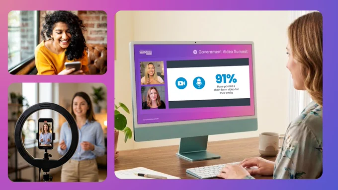 multiple photos showing people filming a video or watching a video or a computer screen to promote an upcoming free government video summit for Government Social Media 