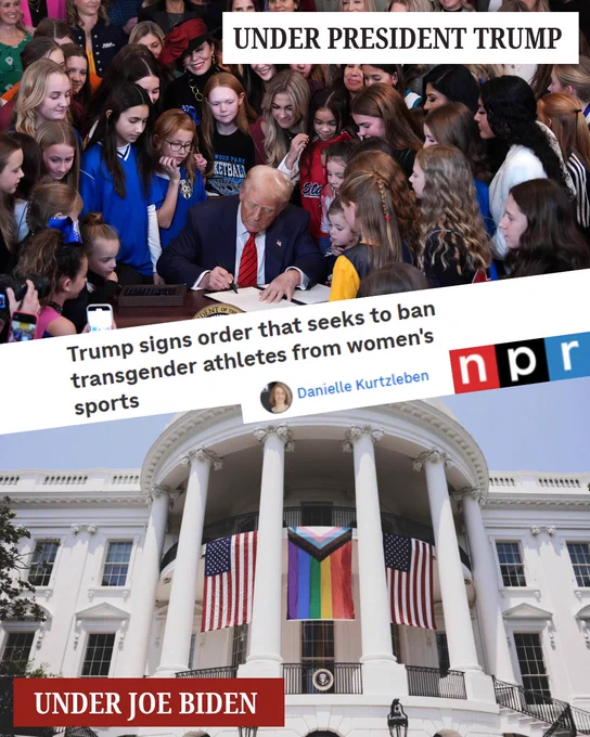 President Trump signing a document surrounded by a crowd of young girls and women at an event.