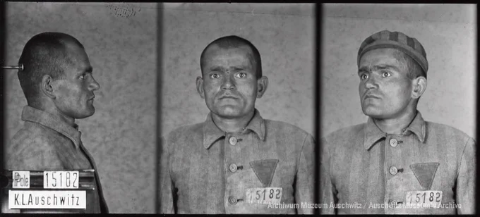 A mugshot registration photograph from Auschwitz. A man with a shaved head wearing a striped uniform photographed in three positions (profile and front with bare head and a photo with a slightly turned head with a hat on). The prisoner number is visible on a marking board on the left.