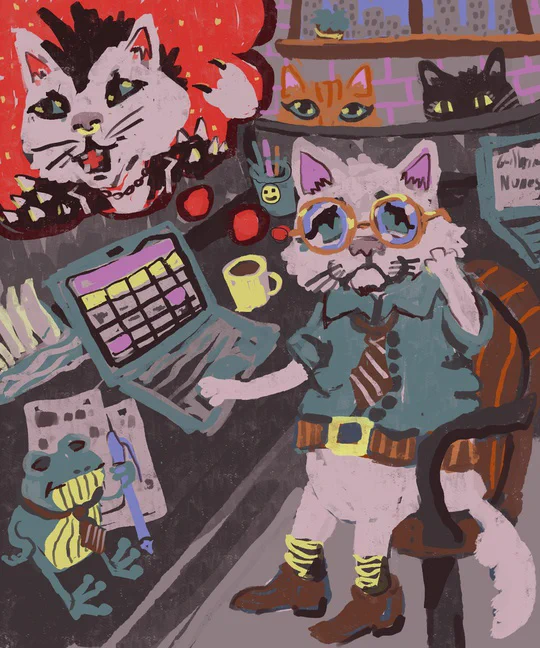 painting, in an office with cats and a frog holding a pen that is comically large for its size a cat wearing a dress shirt, belt, dress shoes, tie, and glasses is very sad and has a thought bubble showing him younger with a nose piercing, mohawk, leather jacket, making devil horns with his paws, and his nails painted black