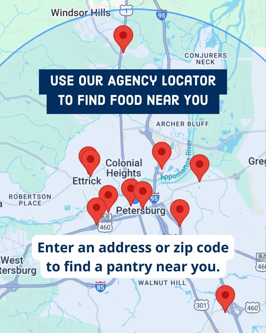 Feed More Agency Locator tool screenshot - Use our Agency Locator to find food near you. Enter an address or zip code to find a pantry near you.