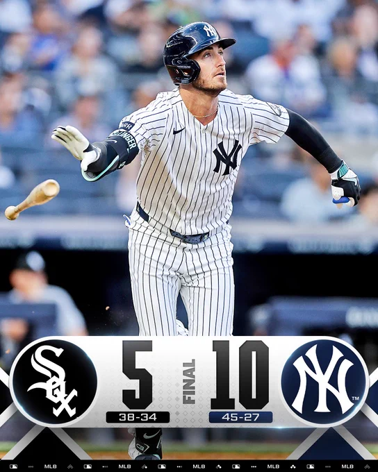 Final Score Graphic
White Sox 5 (38-34) vs. Yankees 10 (45-27)
Pictured: Cody Bellinger drops his bat and begins to round the bases after hitting a home run. He wears a white Yankees pinstriped jersey and dark blue batting helmet.