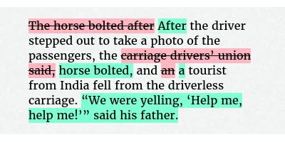 Before: The horse bolted after the driver stepped out to take a photo of the passengers, the carriage drivers’ union said, and an tourist from India fell from the driverless carriage.
After: After the driver stepped out to take a photo of the passengers, the horse bolted, and a tourist from India fell from the driverless carriage. “We were yelling, ‘Help me, help me!’” said his father.