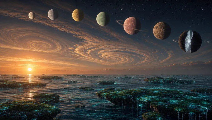 A dreamlike celestial landscape featuring a golden sunrise over a dark ocean filled with small, mossy, bioluminescent islands that glow with neon blue light. In the vast, starry sky above, a series of seven distinct planets or moons are arranged in an arc. These celestial bodies vary in color and texture, ranging from craters and rocky surfaces to smooth spheres and one ringed, reddish planet. The final planet on the right is dark and fractured, emitting a bright, glowing fissure of white light from its center. The sky displays dramatic cloud formations with swirling, spiral patterns, creating an ethereal and surreal atmosphere.