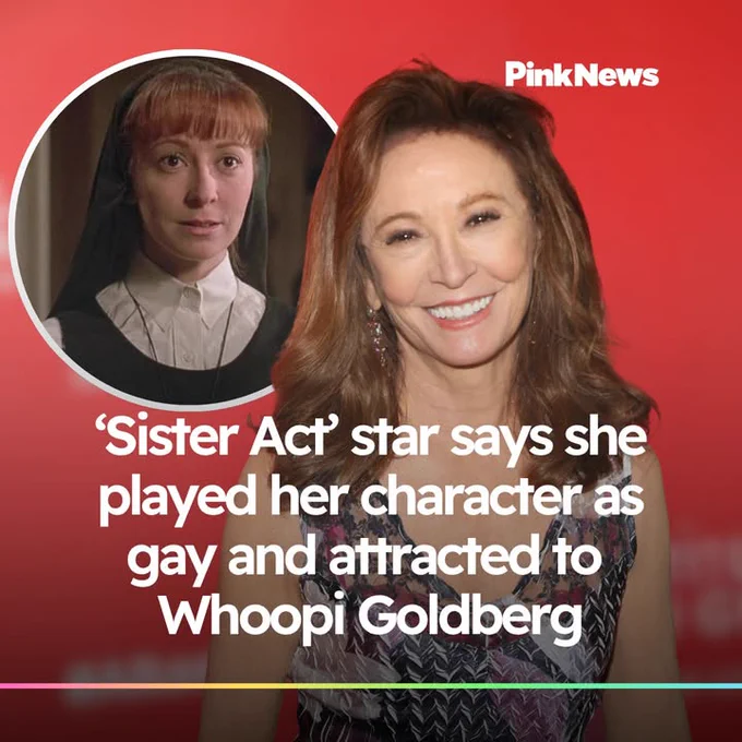 Wendy Makkena smiling in front of a red background with the PinkNews logo. An inset shows a character from "Sister Act" dressed as a nun. Text on the image reads: “‘Sister Act’ star says she played her character as gay and attracted to Whoopi Goldberg.”