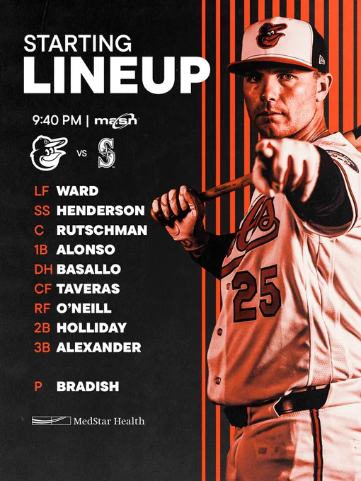 Orioles at Mariners | O’s Starting Lineup | 9:40 p.m. | MASN

LF - Ward
SS - Henderson
C - Rutschman
1B - Alonso
DH - Basallo
CF - Taveras
RF - O’Neill
2B - Holliday
3B - Alexander
P - Bradish

The graphic features an image of Alonso pointing at the camera. He is wearing a white Orioles uniform and a tri-color cap.