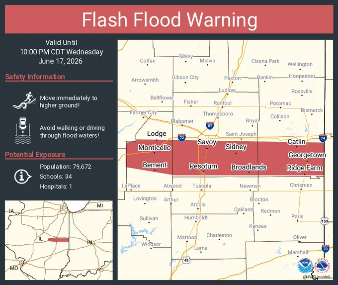 This graphic displays a flash flood warning plotted on a map. The warning is in effect until 10:00 PM CDT. The warning includes Savoy IL, Monticello IL and Georgetown IL.  This warning is for Central Piatt County in central Illinois, Southern Champaign County in east central Illinois and Southern Vermilion County in east central Illinois. Avoid walking or driving through flood waters! Move immediately to higher ground! There are 79,672 people in the warning along with 34 schools and 1 hospital.