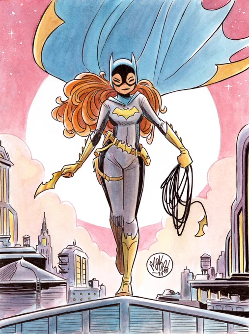 Watercolor fanart drawing of Batgirl casually walking on a roof in front a city skyline, probably about to go do something heroic and cool.