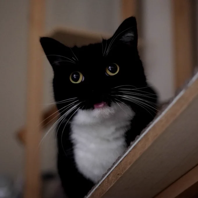 A black-and-white cat peeking with his tongue slightly sticking out
