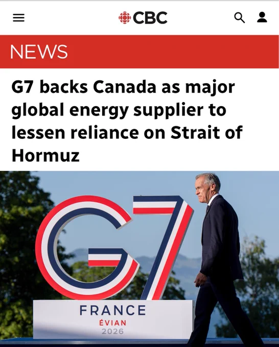 Screenshot of an article from CBC News. The headline reads: G7 backs Canada as major global energy supplier to lessen reliance on Strait of Hormuz.