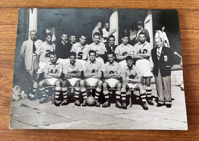 Picture of the 1959 NSW Europe Selected football team. My Dad is in the back row, fifth from the left in the #5 jersey. In the bottom row, first one sitting from the left is Les Scheinflug, former coach of the Australian Youth Team and former assistant coach of the Socceroos in the 1990s.