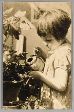 A child carefully waters potted plants on a sunny balcony, focusing intently on the task.
