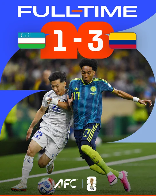 Final score of the FIFA match between Uzbekistan and Colombia, ending 1-3. Players are shown competing intensely.