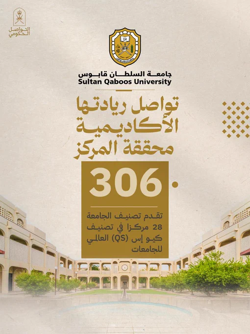جامعة السلطان قابوس
تواصل ريادتها الأكاديمية
محققة المركز 306تقدم تصنيف الجامعة 28 مركزا في تصنيف كيو إس (QS) العالمي للجامعات