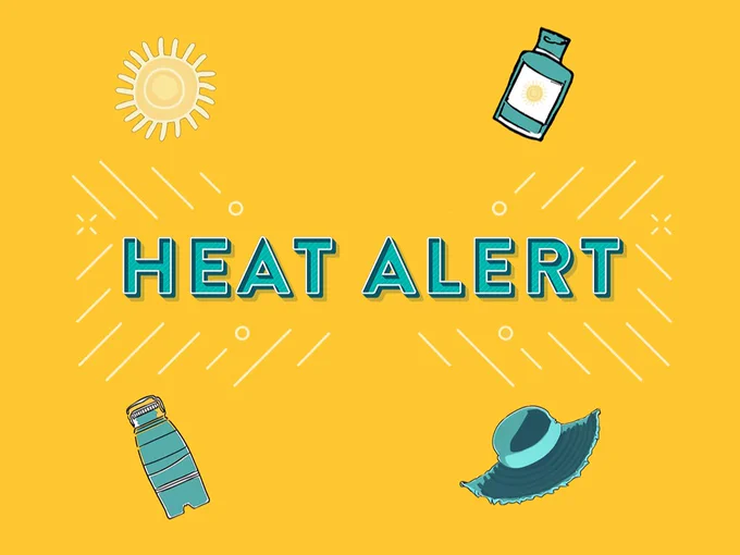 A yellow graphic with "Heat Alert" in bold teal letters. Surrounding the text are illustrations of a sun, a bottle of sunscreen, a reusable water bottle, and a wide-brimmed hat.