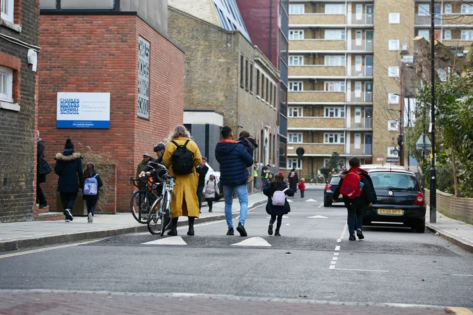 Parents and children walking and cycling to Charles Dickens Primary School