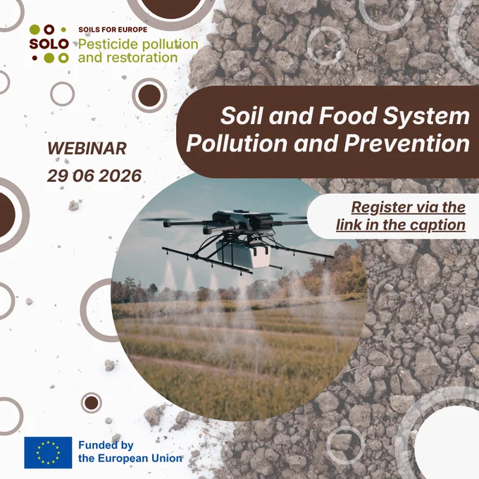 Webinar promotional graphic showing an agricultural drone spraying fields for the Soil and Food System Pollution and Prevention webinar on 29 06 2026, displaying the SOLO and European Union logos.