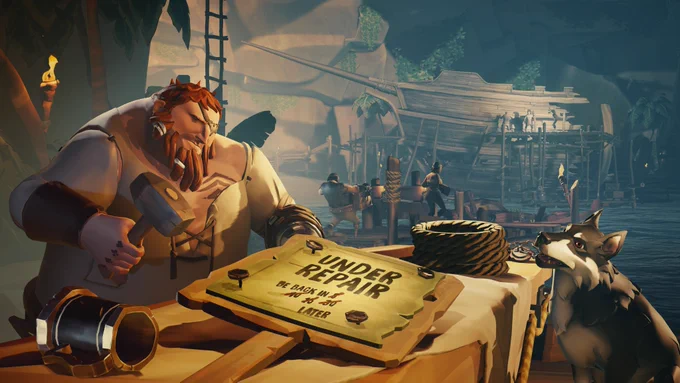 A pirate hammers nails into a wooden sign that says 'Under Repair'.