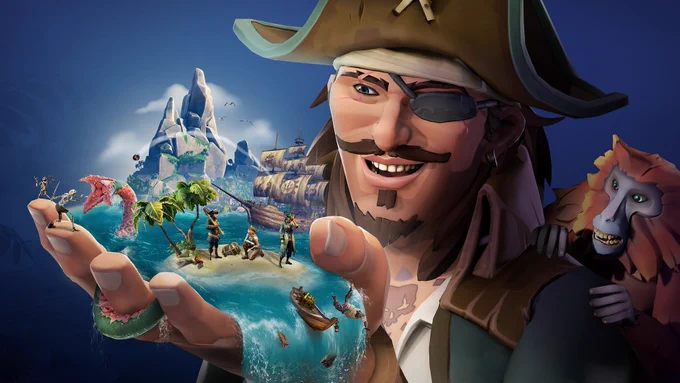 A very large pirate holds a small Sea of Thieves diorama in the palm of his hand.