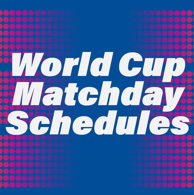 Text reading "World Cup Matchday Schedules" against a background of blue with red and purple dots on the sides.