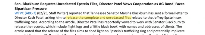 Sen. Blackburn requests complete unredacted Epstein files from FBI Director Patel